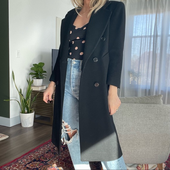 Black Wool Coat Vintage Long Jacket Double Breasted Collared by Jones New York S - Picture 6 of 9